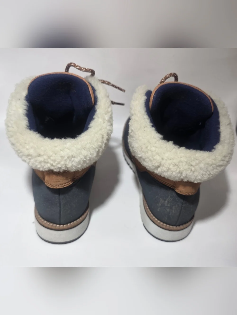 Cole Haan Waterproof Winter Boots Faux Fur Lace Up Brown Blue Women 7.5